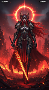 Intensely Detailed Dark Fantasy Warrior Woman with Glowing Sword and Red Hair in Apocalyptic Ruins