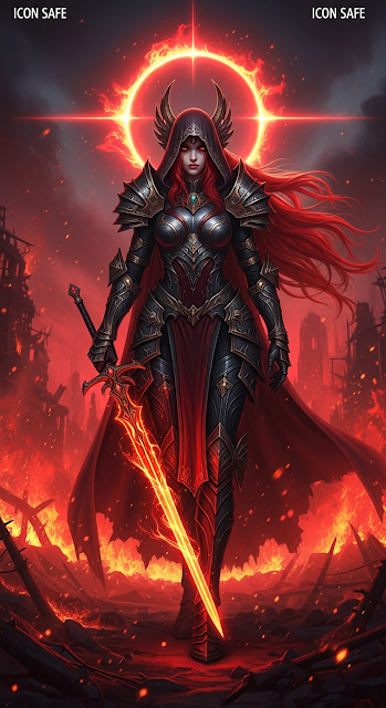 Intensely Detailed Dark Fantasy Warrior Woman with Glowing Sword and Red Hair in Apocalyptic Ruins - Free mobile Wallpaper