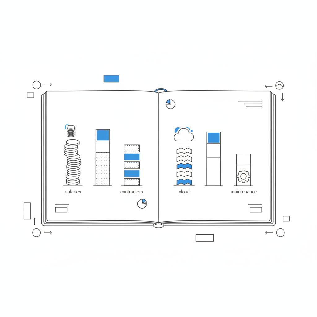 how much does an AI expert cost notebook illustration showing four minimalist vector cost columns for salaries, contractors, cloud, and maintenance with #1a5bfb accents