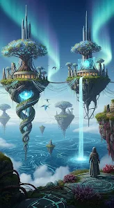 Ethereal Floating Citadel under Teal and Purple Aurora Sky