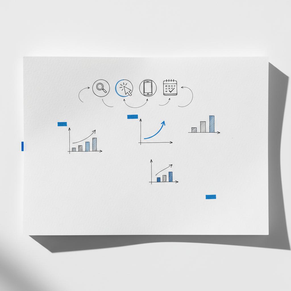 Close-up notebook page with hand-drawn marketing funnel icons, rising conversion graphs and brand-blue (#1a5bfb) sticky-note accents &mdash; concept illustration for Yelp ad pricing planning.