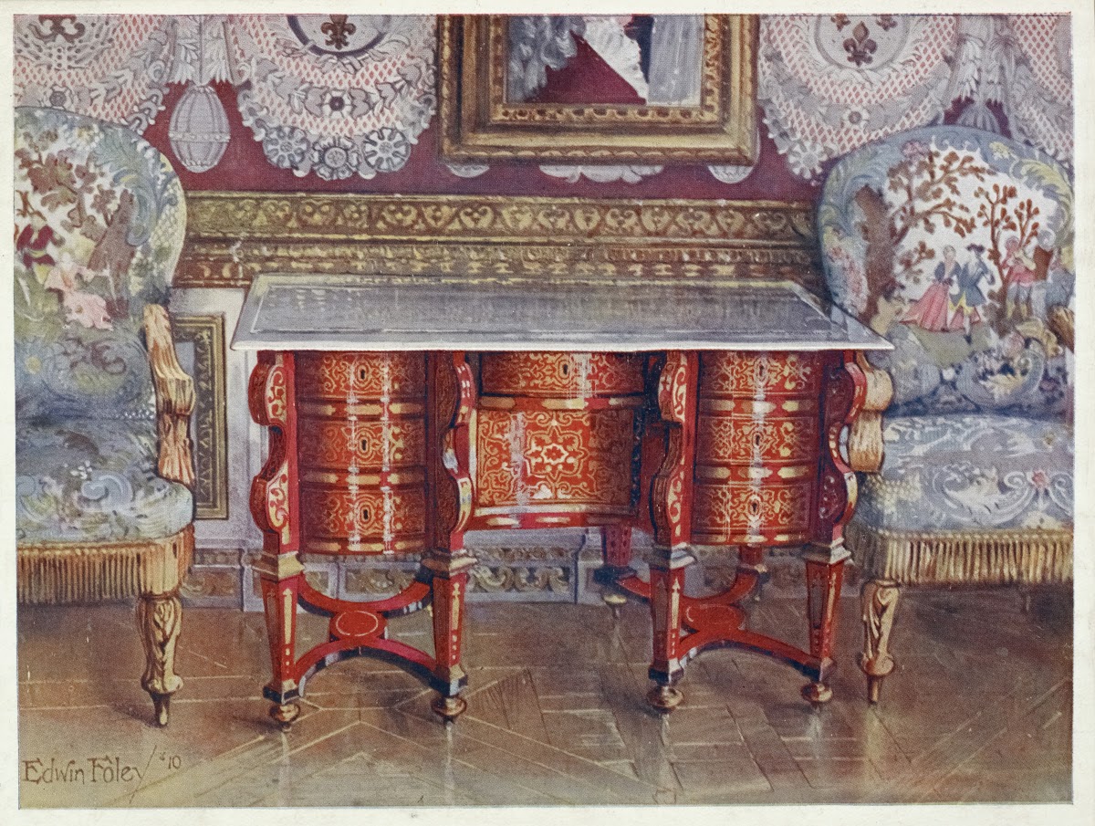 Kneehole writing table in red tortoiseshell Lacquer steel top Boulle Gilt fauteu