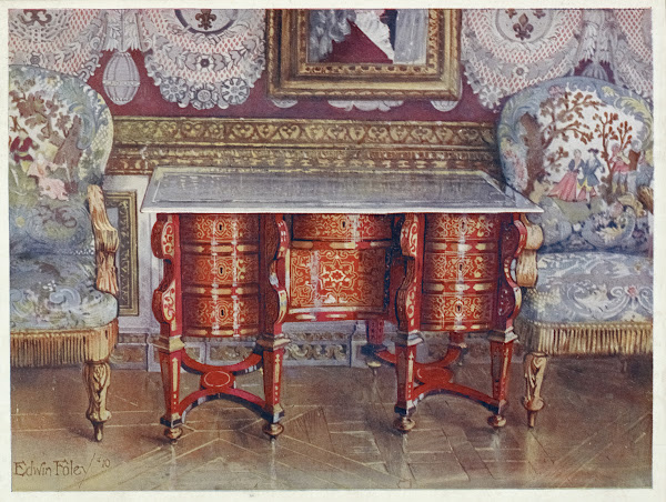 Kneehole writing table in red tortoiseshell Lacquer steel top Boulle Gilt fauteu