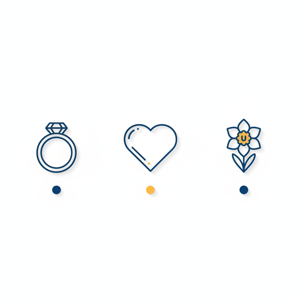 Vektor-Infografik mit Ring, Herz und Narzisse als Symbole, minimalistisches Steelmonks-Design auf Hintergrund #FAFAFF — was ist das symbol für 50 jahre ehe