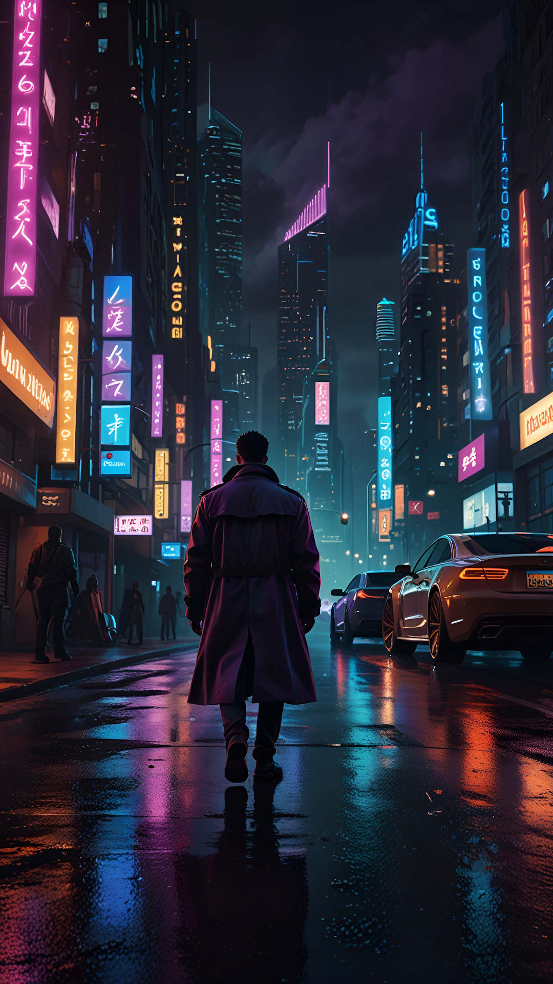 Neon Noir Cyberpunk City Street with Trench Coat Figure - Free 4K mobile Wallpaper