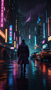 Neon Noir Cyberpunk City Street with Trench Coat Figure