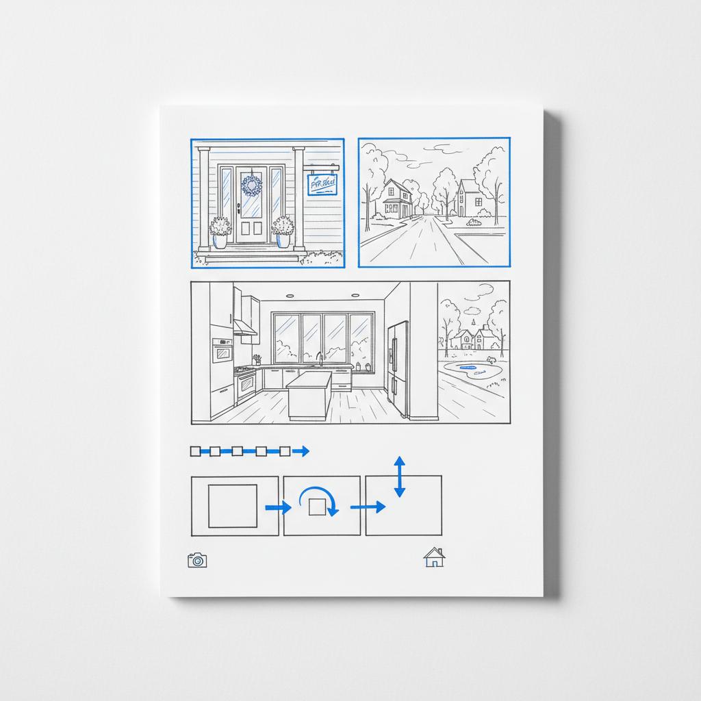 Top-down minimalist storyboard sketches for a home listing &mdash; front door, kitchen, neighborhood and script panels in a clean notebook style for social media for realtors.