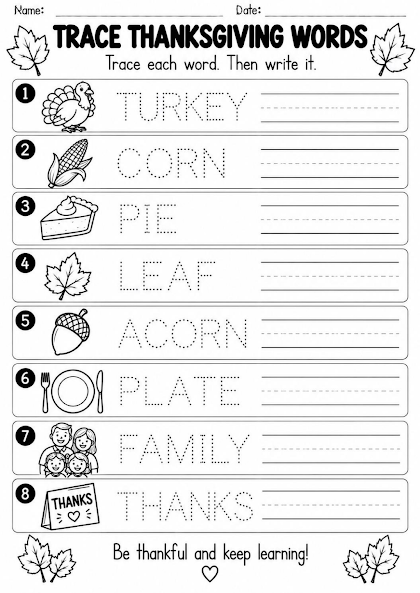 Trace Thanksgiving Words Worksheet