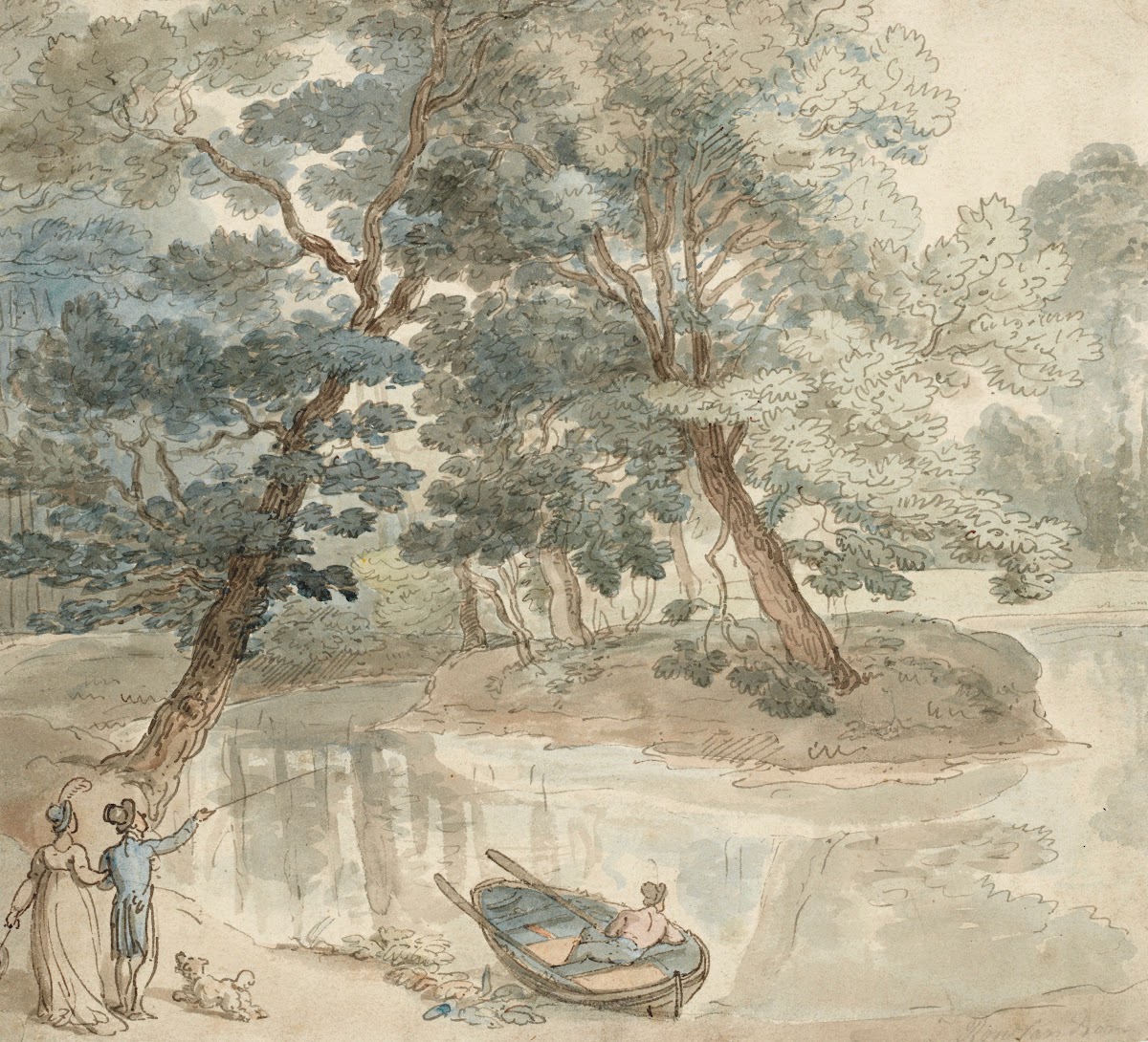 Elegant figures with a dog by a lake