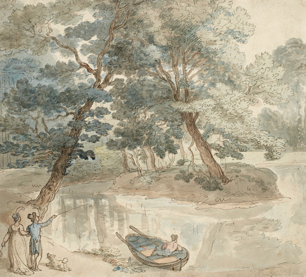 Elegant figures with a dog by a lake