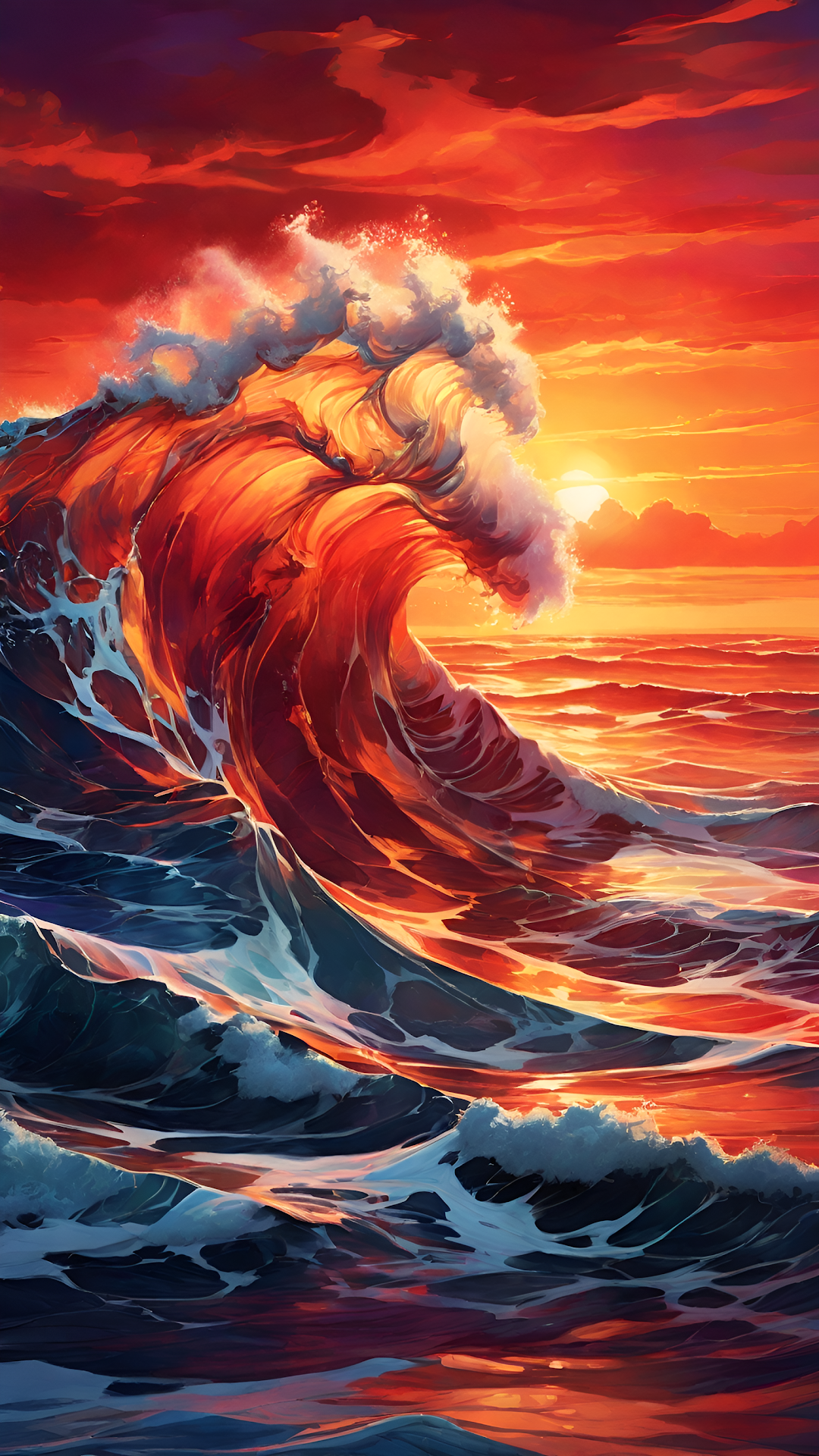 Massive Fiery Ocean Wave Breaking at Sunset - Free 4K mobile Wallpaper