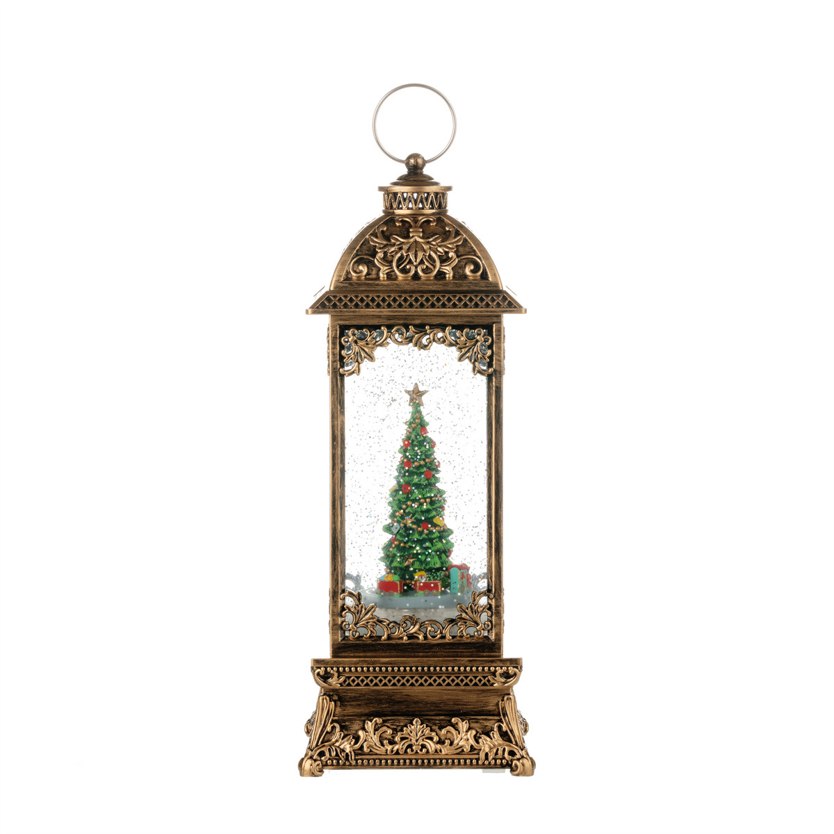 Retro music box with train motif and LED snow globe