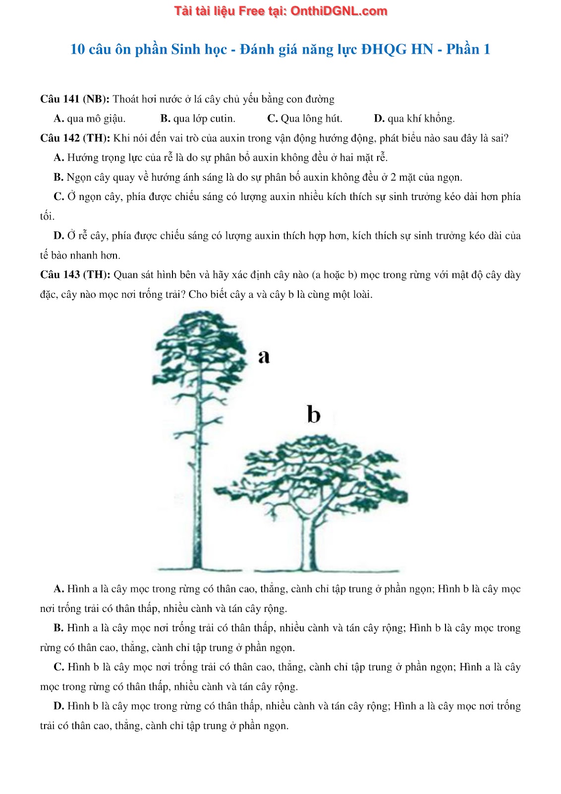 150 bài tập môn Sinh học - Ôn thi ĐGNL ĐHQG HN