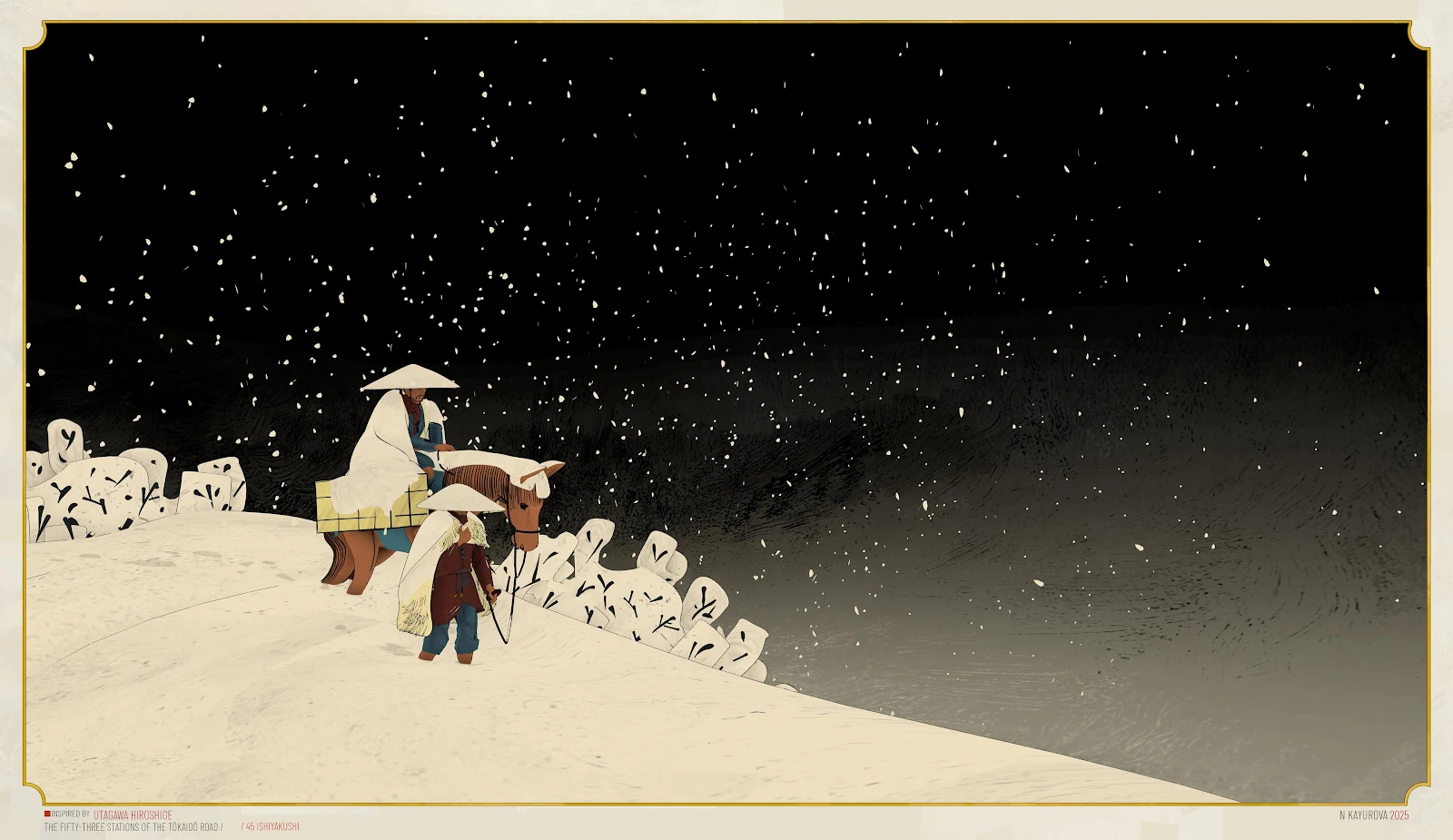 Snowy Journey On The Tokaido - Digital Illustration 4K Wallpaper (3840x2219)