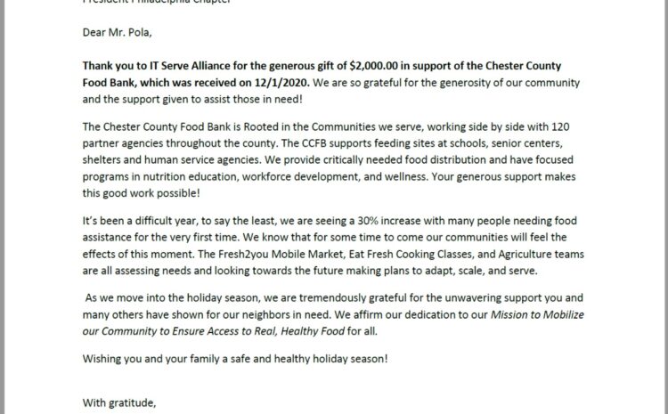 ITServe Alliance Philadelphia ChapterThanking you letter from Chester County Food Bank to help feed schools, senior centers, and shelters in the community