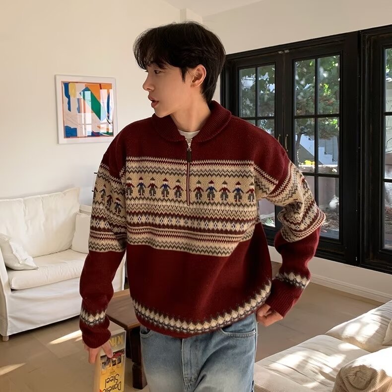 Unisex Strickpullover mit Reißverschluss und Schneemann-Motiv