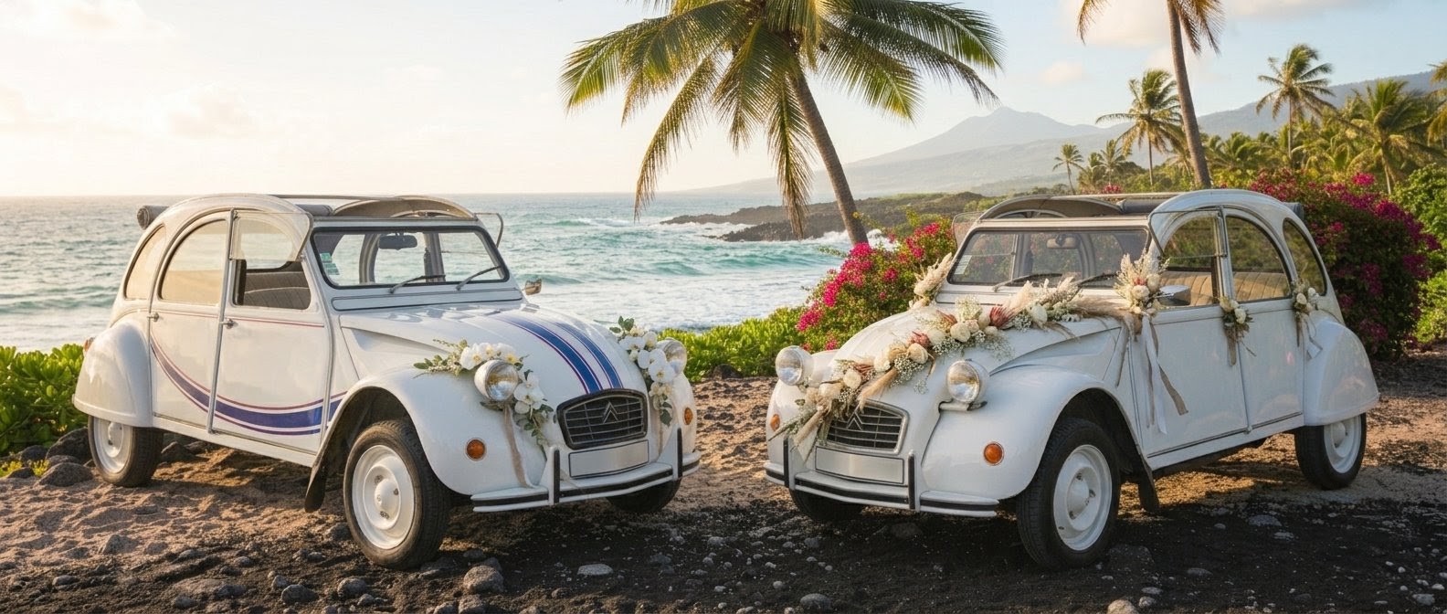 Rosalie et Soizig, nos deux 2CV décorées pour un mariage face à l'océan à La Réunion