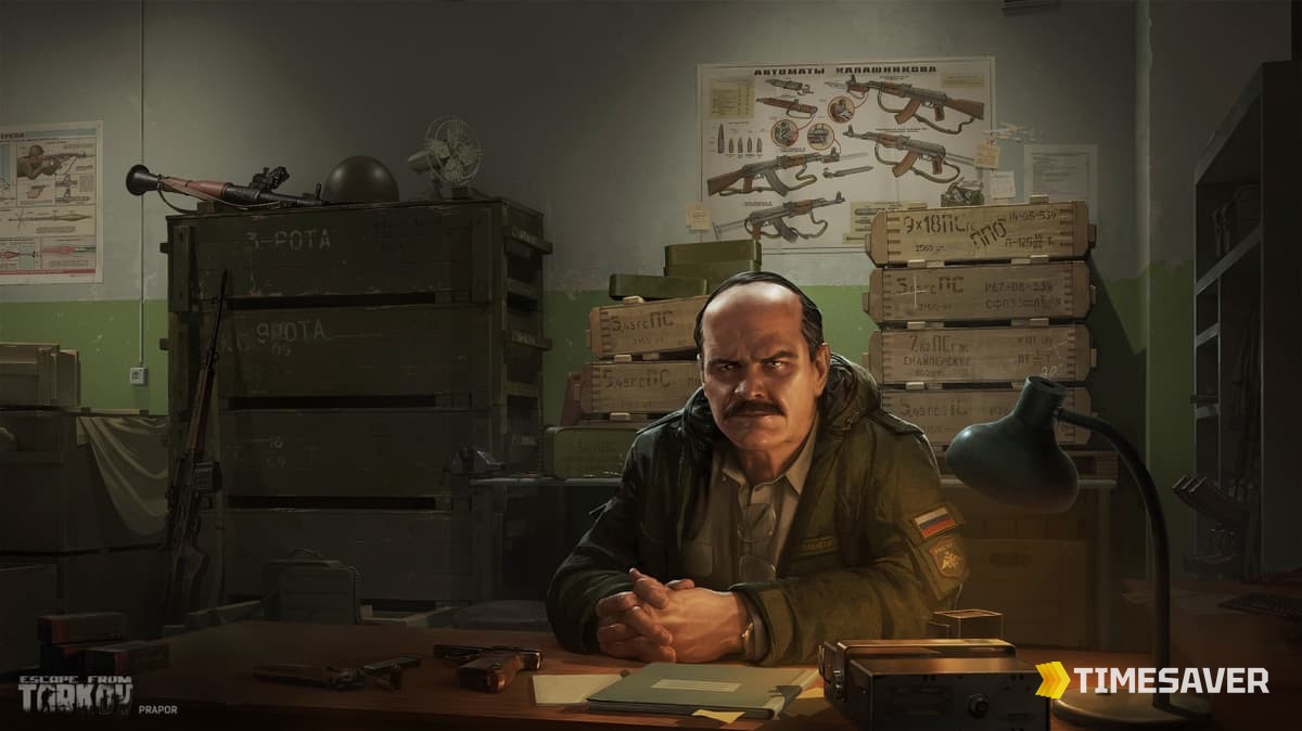 Escape from Tarkov dealer Prapor at his desk surrounded by weapon crates — traders are what you rely on for ammo and gear before the full Flea Market unlocks