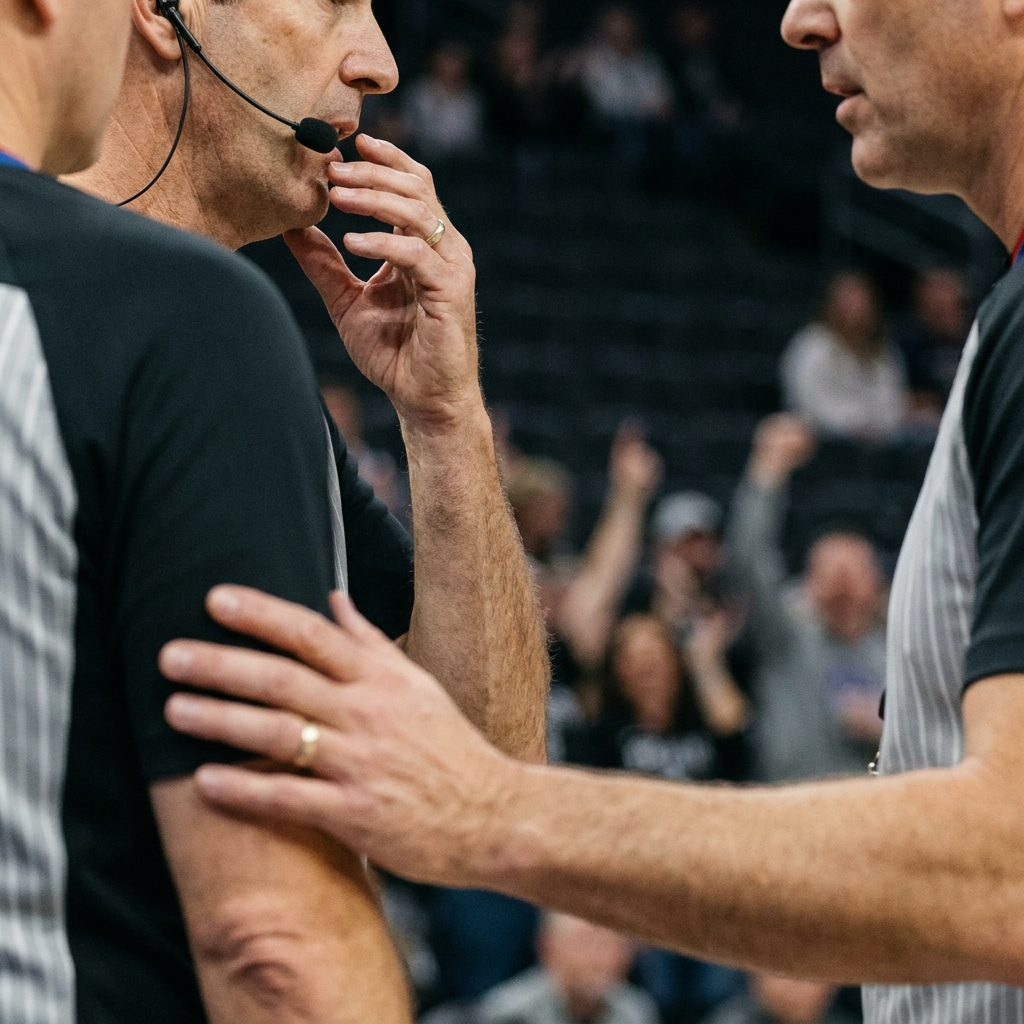 Close up of referees conferring courtside with blurred cheering fans illustrating Why Home-Court Advantage Is Stronger in Some Arenas in a minimalist documentary photograph