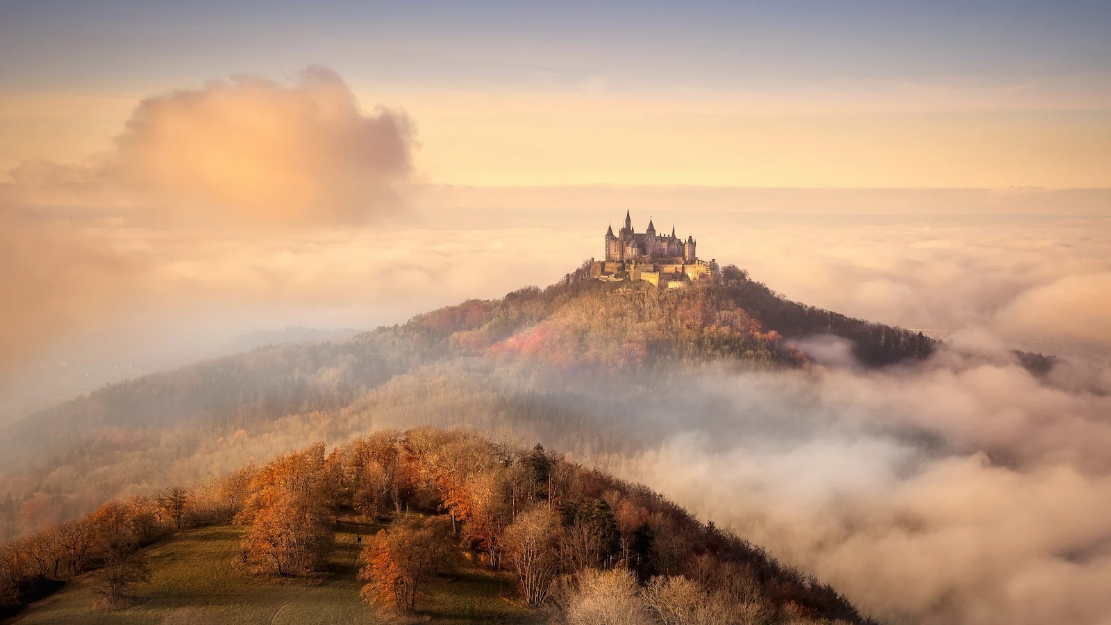 Nature, Fall, Landscape, Castle, Orange Sky 4K Desktop, iPhone Wallpaper Background
