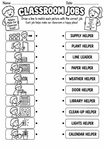 Classroom Jobs Picture and Word Match Worksheet