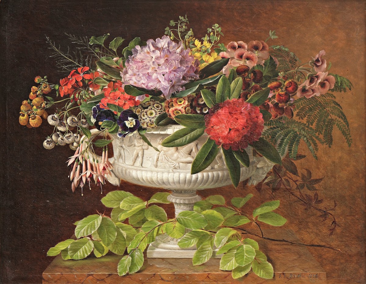 Flowers in a centrepiece on a marble windowsill with a beech branch 1846