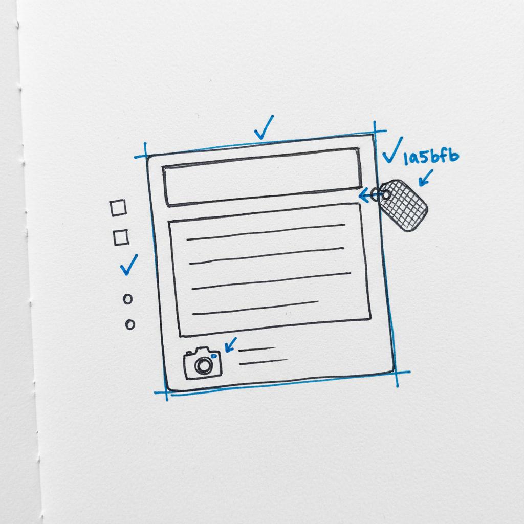 Close-up sketch of a service card for a Google Business Profile showing an empty title area, short description box, small price tag sketch and camera icon &mdash; How do I list services on my Google business profile?