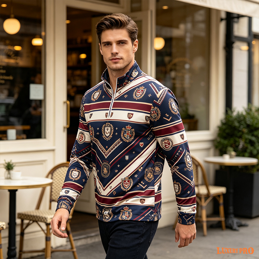 AOP HNH Stand Collar Long Sleeve Polo