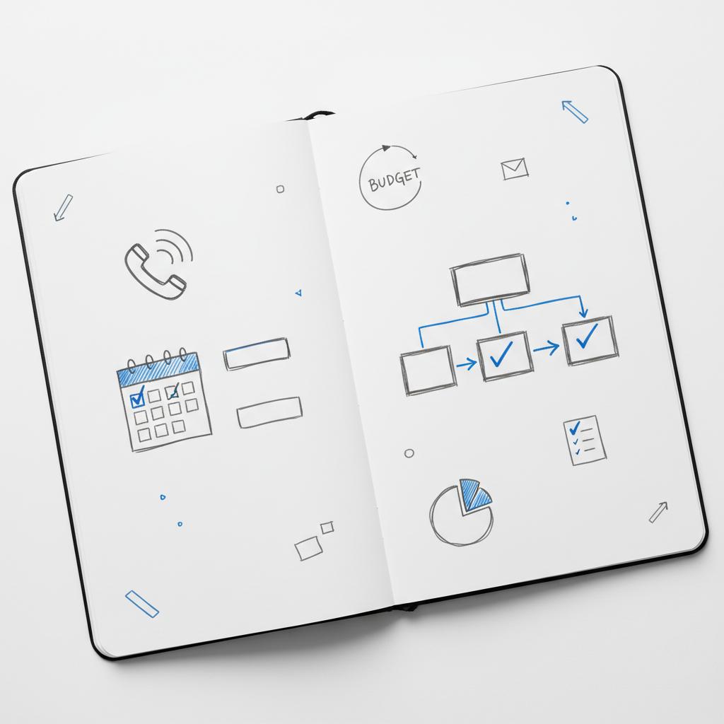 Close-up notebook sketch of a ringing phone, calendar with two time windows checked, and a lead-handling flowchart for Google LSA ads planning