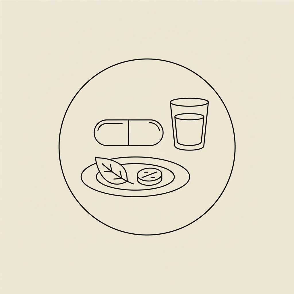 Minimalist line illustration of appetite suppressant pills concept: a capsule, a water glass, and a plate of vegetables on a beige background #F2E5D5.