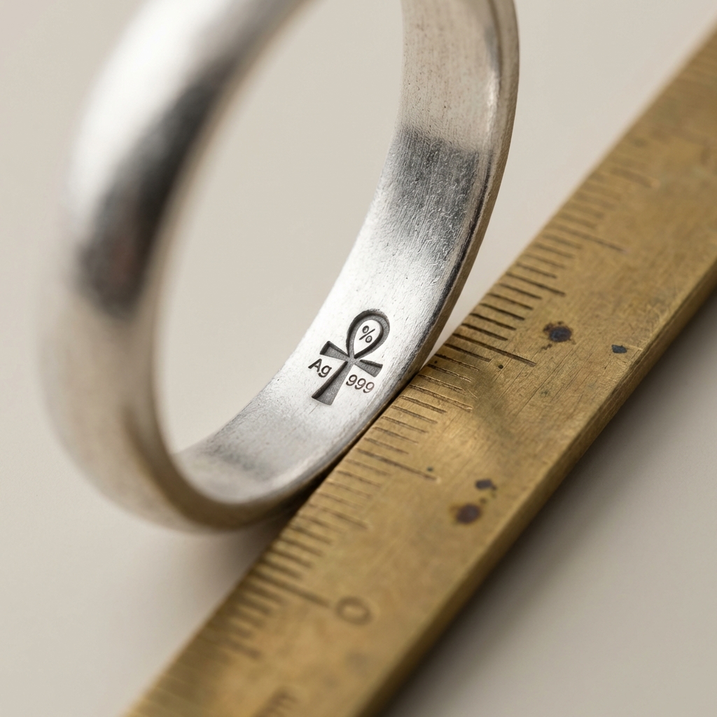Macro photo of a pure silver ankh assay stamp inside a hoop with a small brass ruler for scale on a minimal Aurora Antiqua background