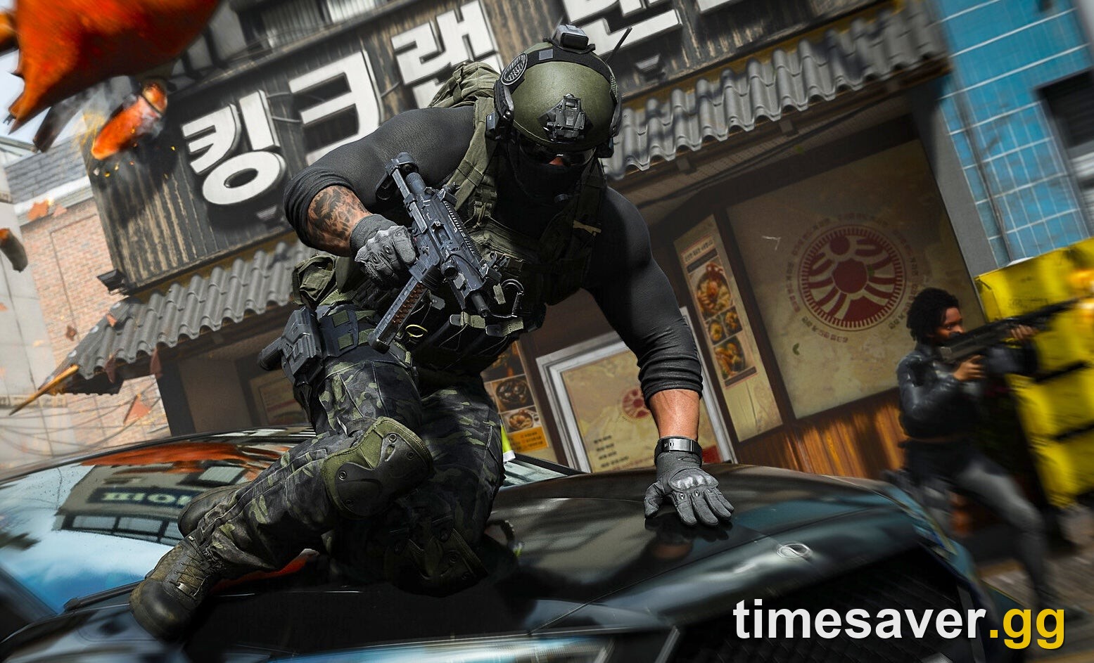 Modern Warfare 4 operator vaulting a car with an SMG during a multiplayer firefight