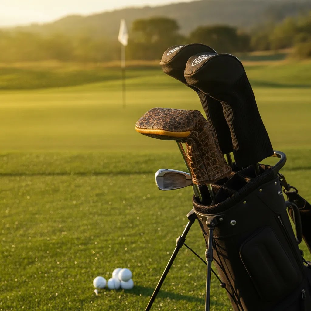 Premium putter cover on a golf bag illustrating fit and style for golfers ready to order bespoke driver cover and custom headcovers