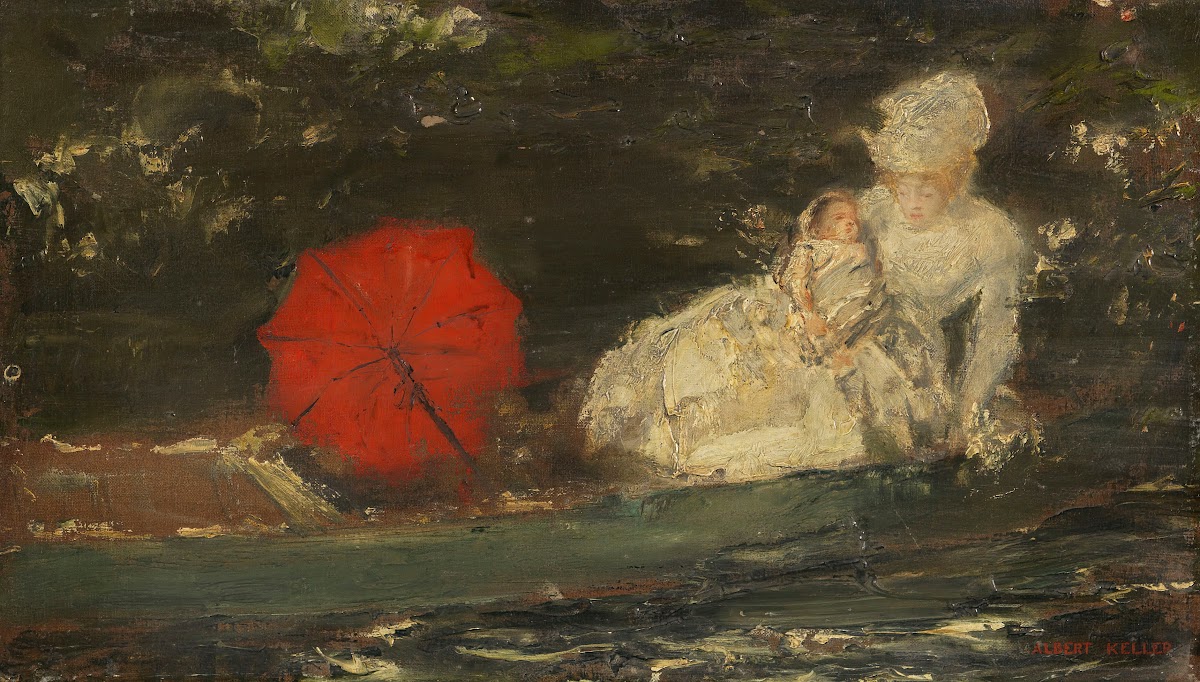 Frau und Kind im Freien mit rotem Parasol Ca 1870 1890