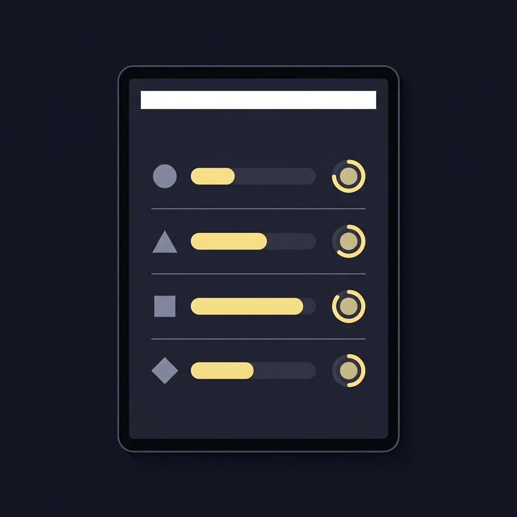 Minimal 2D vector tablet checklist with icon rows progress bars and circular strength indicators showing primary handicapping factors for aqueduct picks cox no text