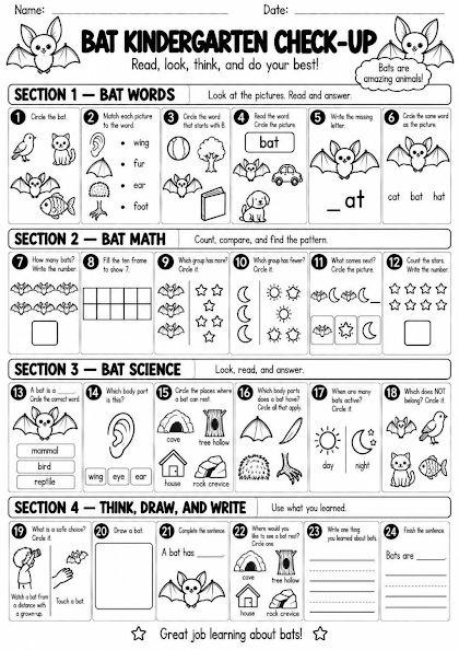Bat Kindergarten Check-Up Worksheet