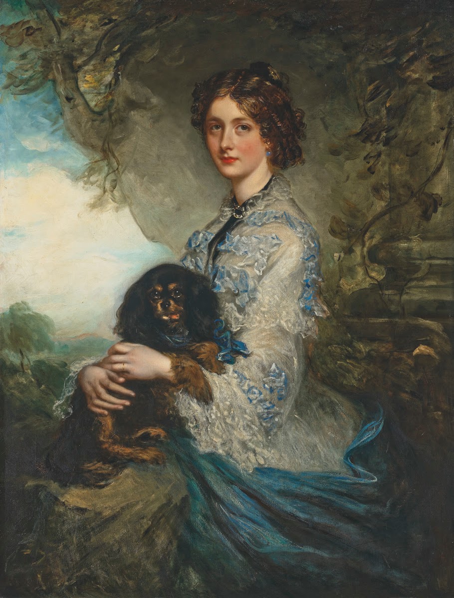 Portrait of Lady Alice Peel holding a King Charles spaniel on her lap