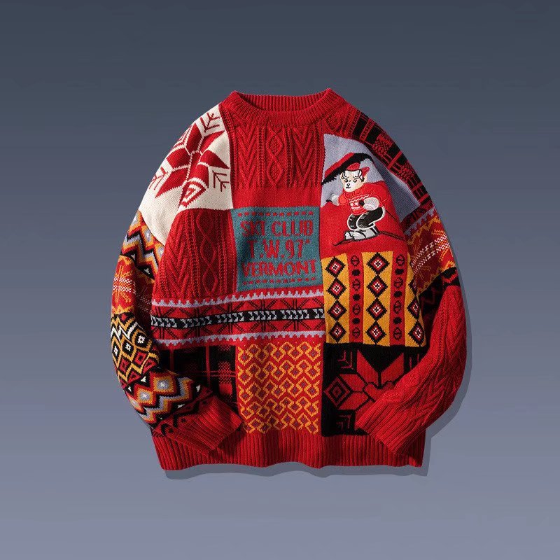Unisex Knitted Sweater with Bear Jacquard
