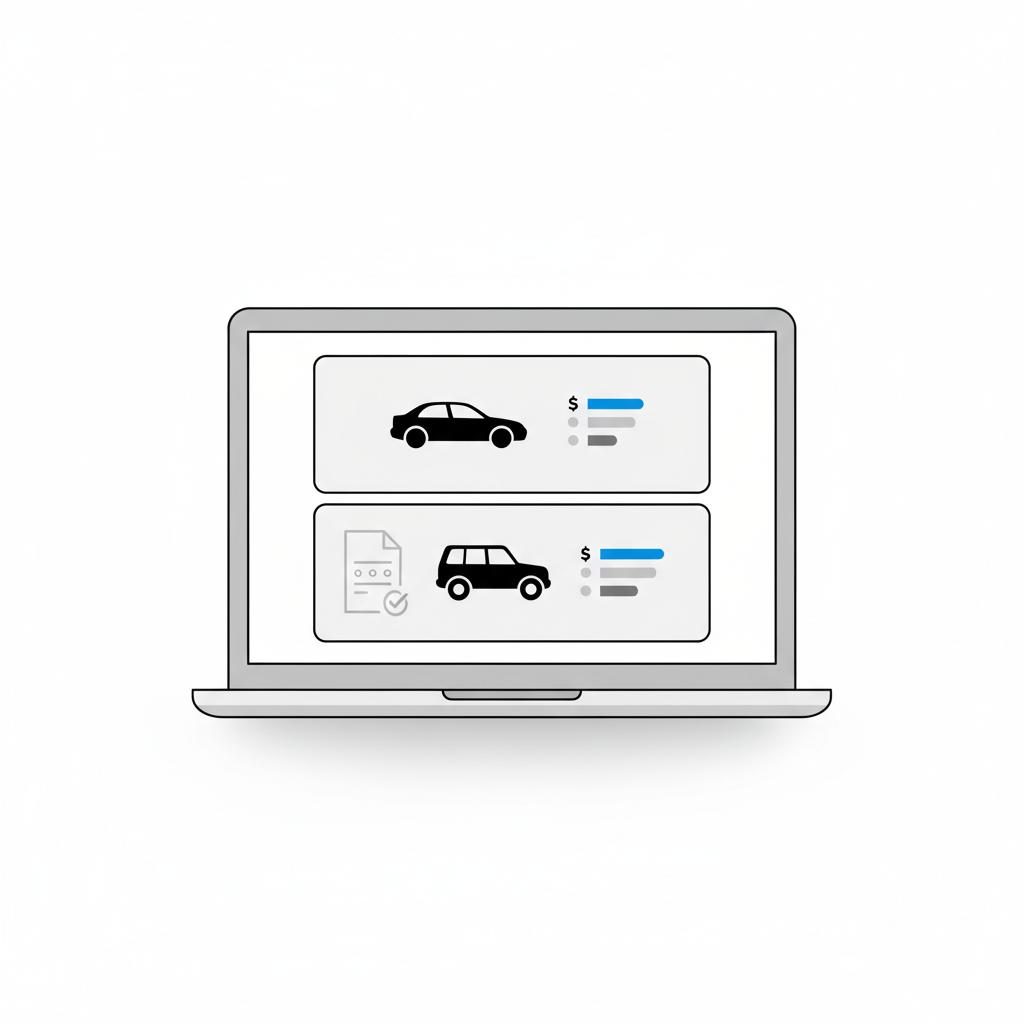 Minimalist 2D vector of a laptop comparing two dealership listings with a vehicle history report and pricing chart illustrating ford explorer for sale near me