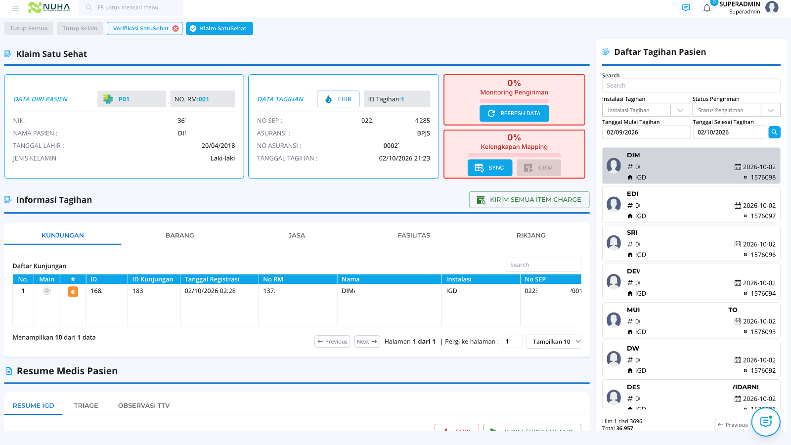 Tampilan fitur Encounter & Data Klaim pada Modul Integrasi SATUSEHAT NUHA