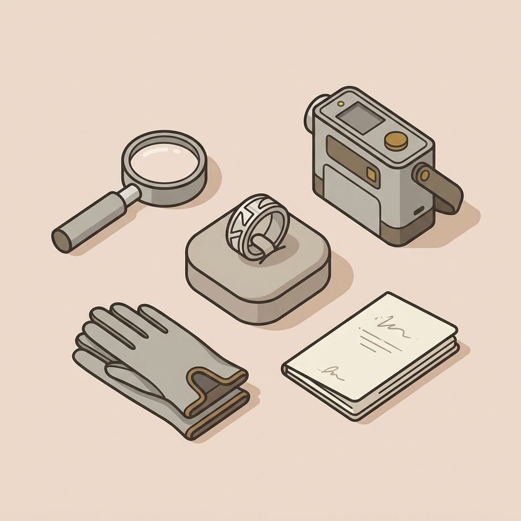 Minimalist 2D vector of a roman silver ring on a small display pad beside a magnifier compact portable XRF device leather gloves and a folded notebook on warm beige background