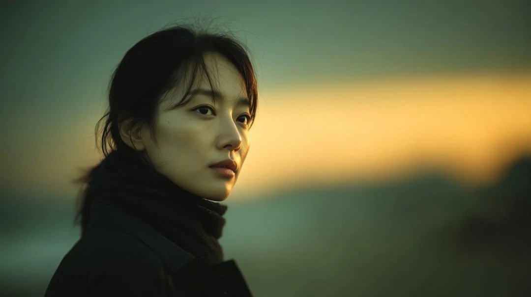 Retrato cinematográfico fotorrealista de una joven de Asia oriental de pie al aire libre al atardecer, de perfil...