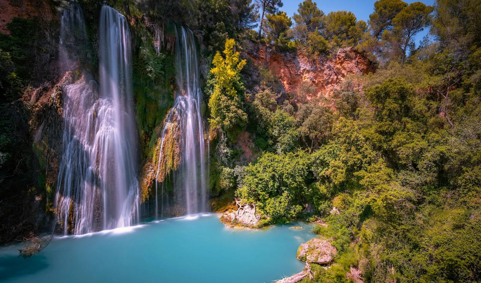 Lush Waterfall And Blue Pool - Nature Photography 5K Wallpaper (6144x3620)