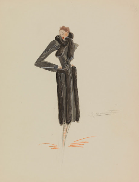 Redingote noire avec col écharpe et bordée de fourrure 1938