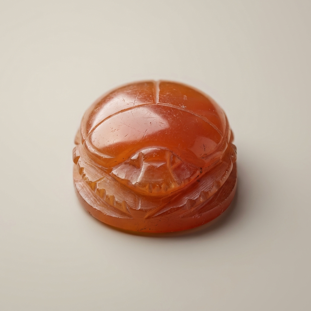 Close up macro of a carnelian scarab ring showing tool marks and polish on the base and face minimalist background #ede7da realistic museum product shot ancient egyptian scarab ring price