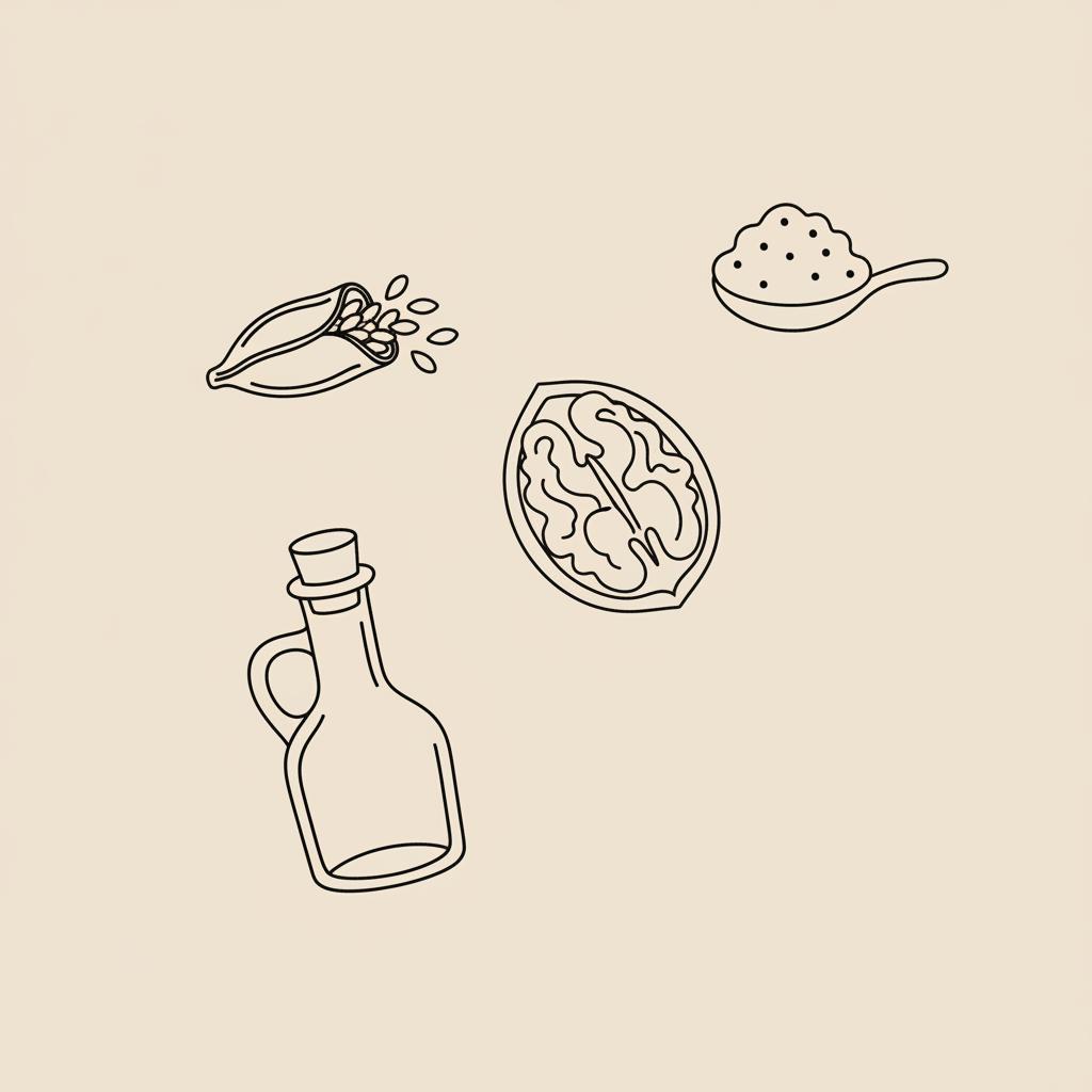 Minimalist Tonum-style vector line illustration of a flaxseed pod, walnut, small oil bottle, and chia seed cluster on beige background, depicting foods high in ALA