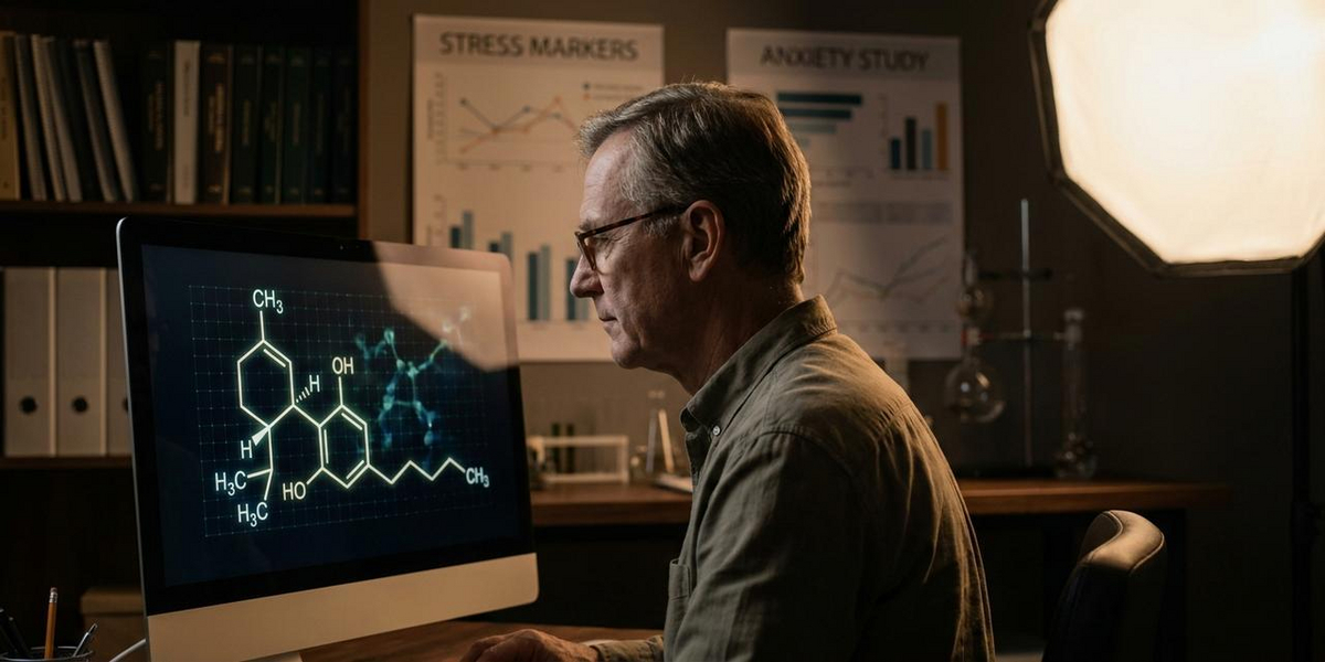 Scienziato analizza dati su CBD e gestione dello stress nella meditazione in laboratorio calmo
