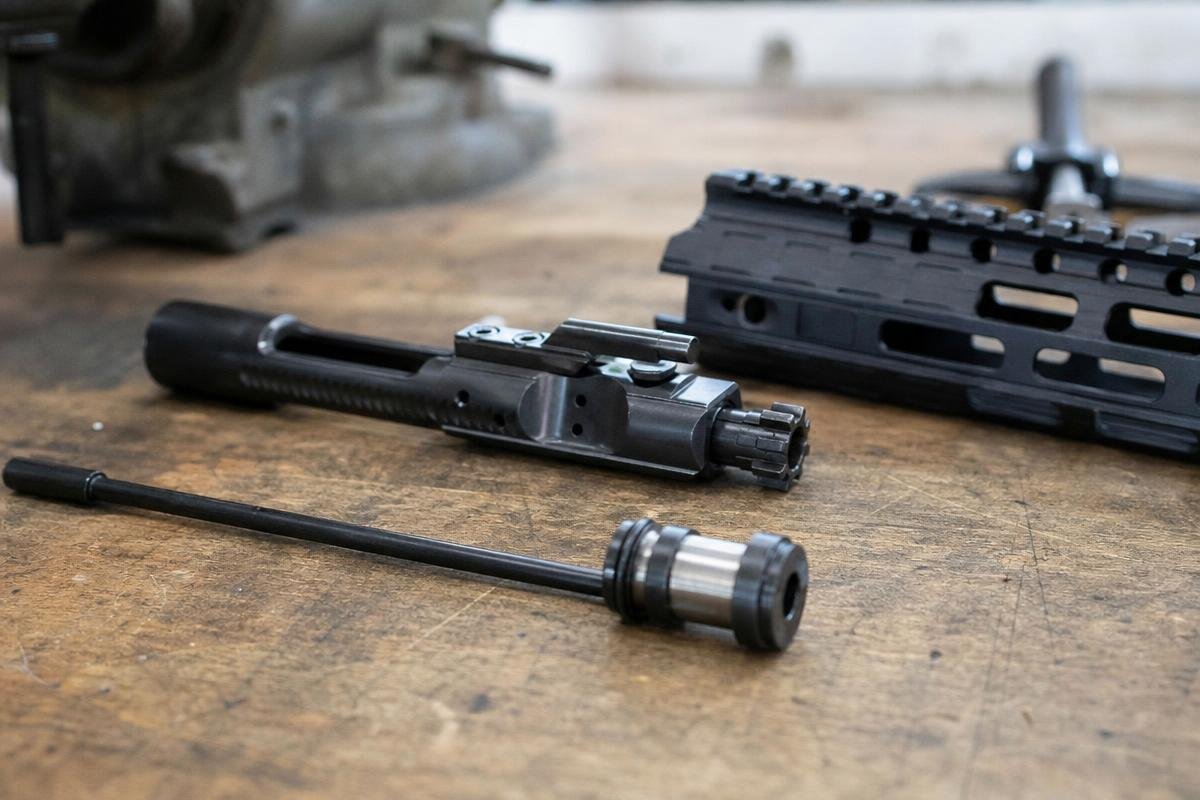 AR-15 piston system components showing op-rod and bolt carrier group
