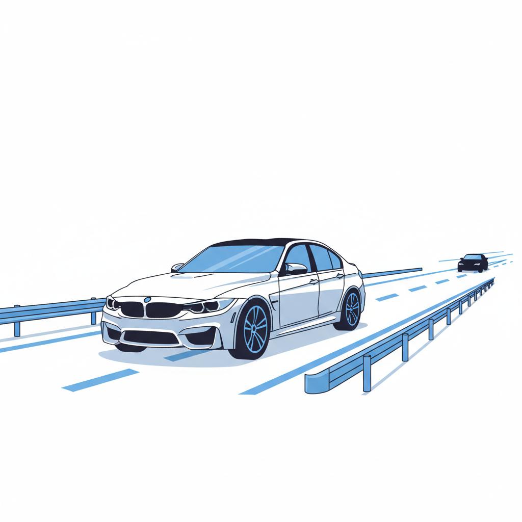 Minimalist 2D vector of a three quarter front view sport sedan reminiscent of a BMW M3 on a twisty road with a distant M5 on a straight highway bmw m3 for sale