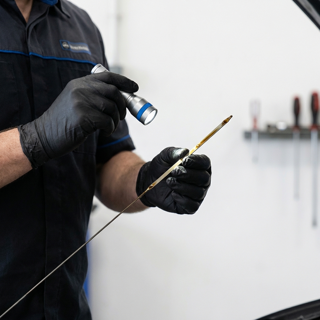 Close up of mechanic inspecting engine oil dipstick with handheld flashlight showing slightly dark oil on the stick minimalist CarFax Deals style honda cr v for sale near me